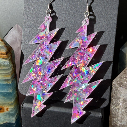 Franklin's Tower Glitter | Grateful Dead 13-Bolt Earrings | pink silver holographic sparkle
