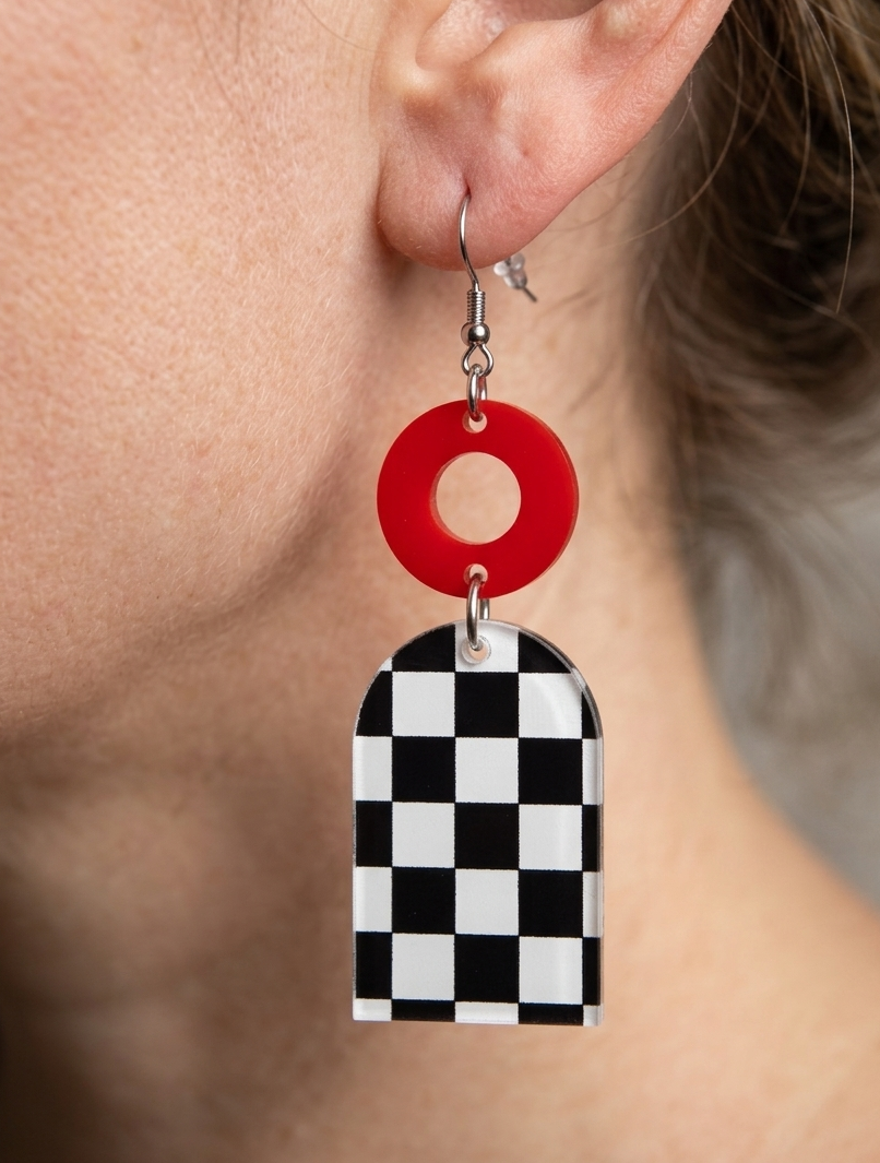 Phis Earrings - Black and White Checkered Fishman Donut