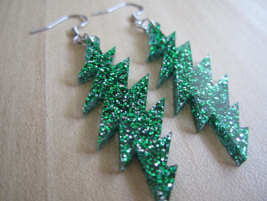Grateful Dead Earrings - 13-Point Bolt - Green Glitter
