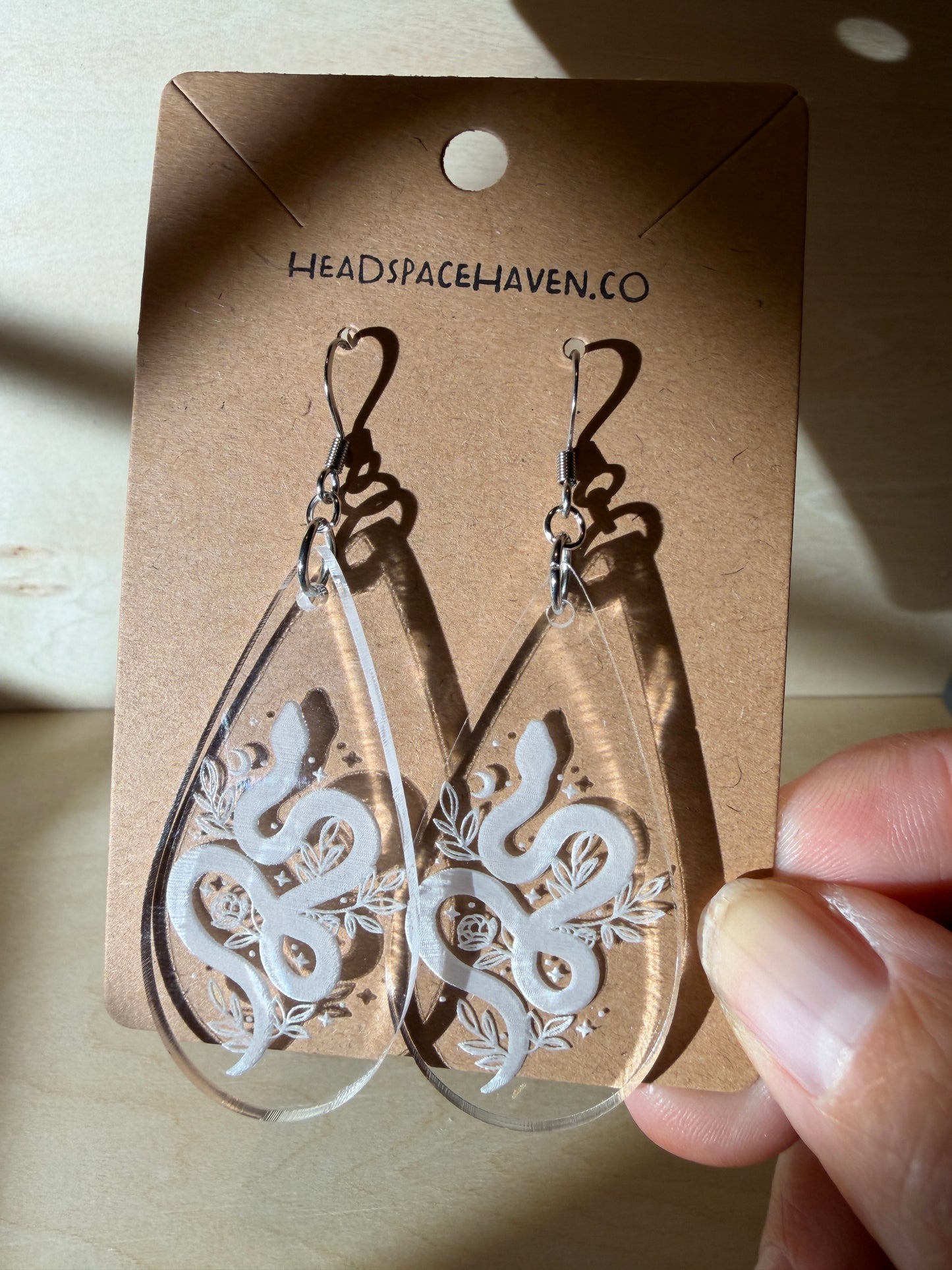 Celestial Snake Clear Acrylic Teardrop Earrings | Mystical Moon and Floral Engraved Dangles