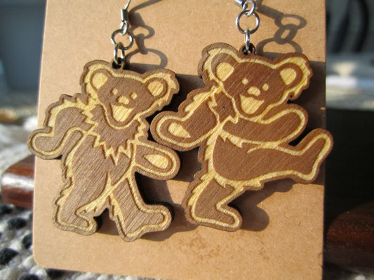 Grateful Dead Earrings - Dancing Bears Walnut Wood