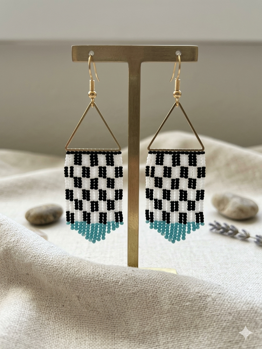 Black and white check bead fringe earrings