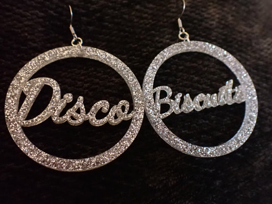 Disco Biscuits Script Earrings – Silver Glitter