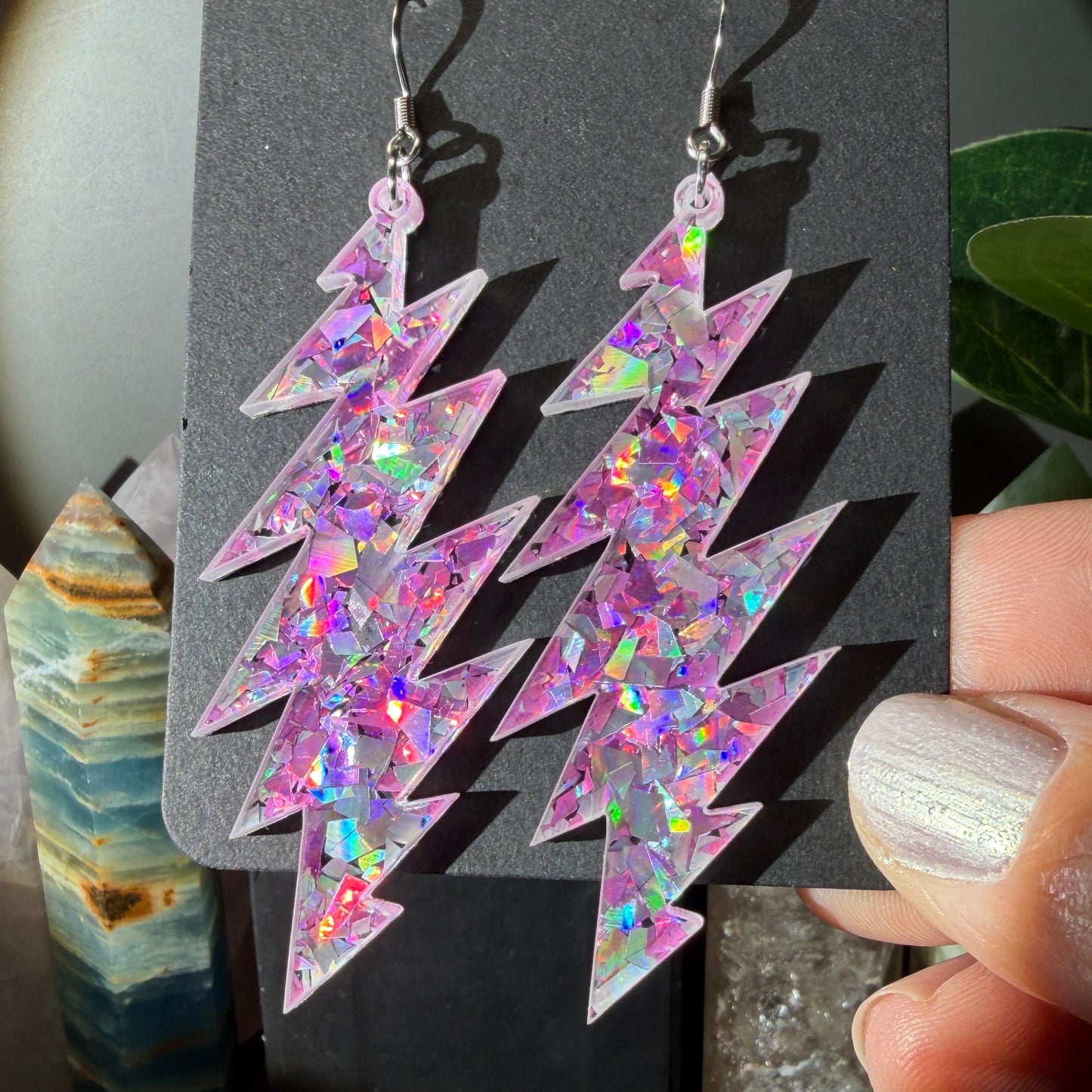 Franklin's Tower Glitter | Grateful Dead 13-Bolt Earrings | pink silver holographic sparkle