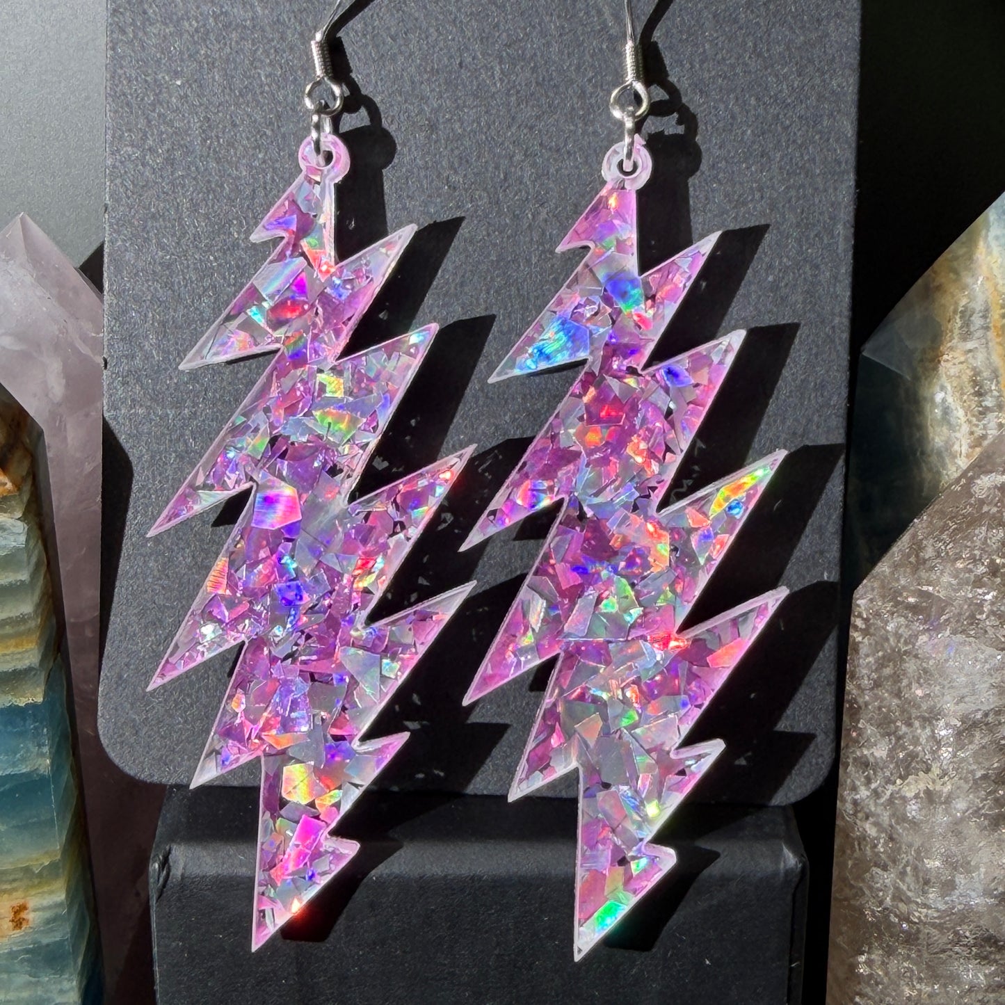 Franklin's Tower Glitter | Grateful Dead 13-Bolt Earrings | pink silver holographic sparkle
