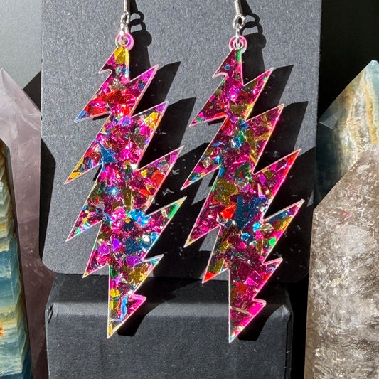 Sugar Magnolia Glitter | Grateful Dead 13-Bolt Earrings | pink yellow blue sparkle