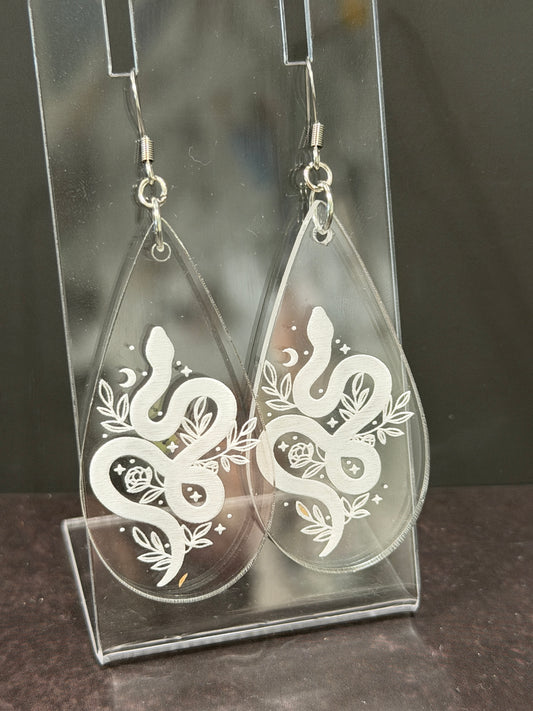 Celestial Snake Clear Acrylic Teardrop Earrings | Mystical Moon and Floral Engraved Dangles
