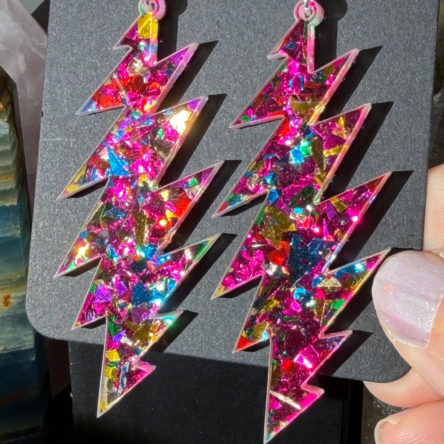 Sugar Magnolia Glitter | Grateful Dead 13-Bolt Earrings | pink yellow blue sparkle