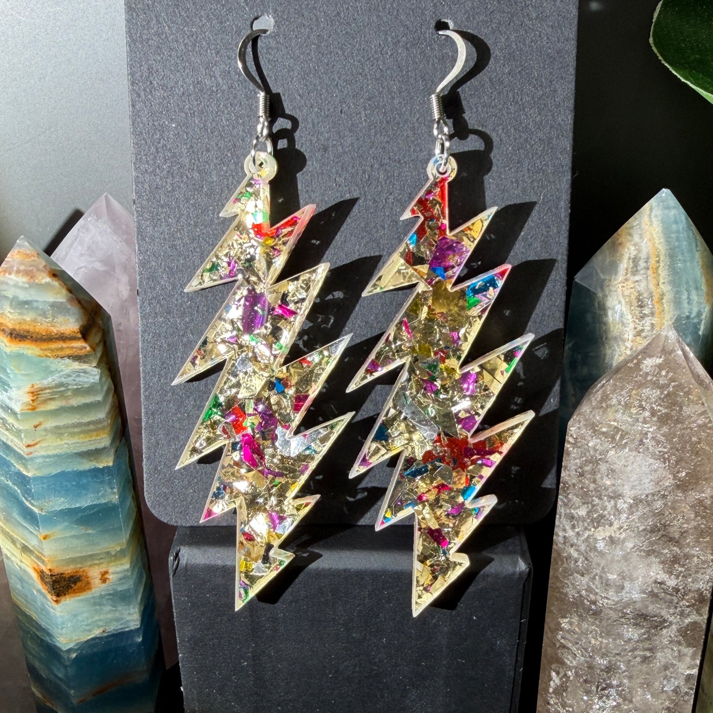 Heart of Gold Glitter | Grateful Dead 13-Bolt Earrings | gold pink blue silver sparkle
