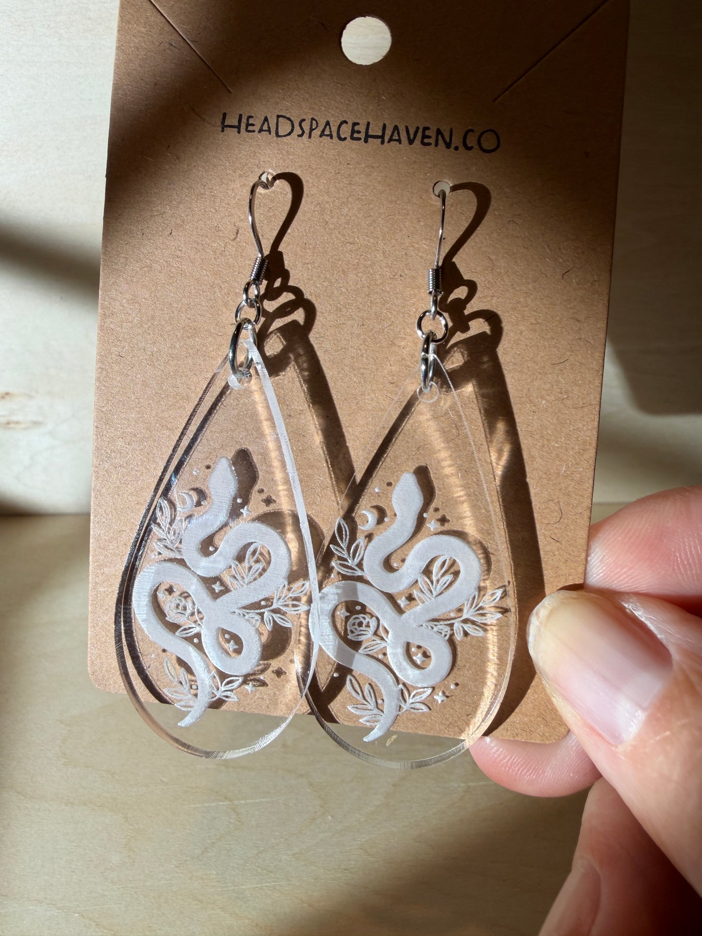 Celestial Snake Clear Acrylic Teardrop Earrings | Mystical Moon and Floral Engraved Dangles