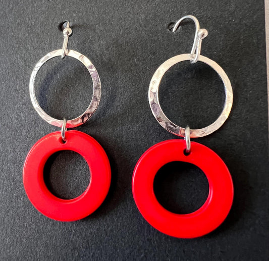 Phish Earrings - Red Donut with Silver Circle