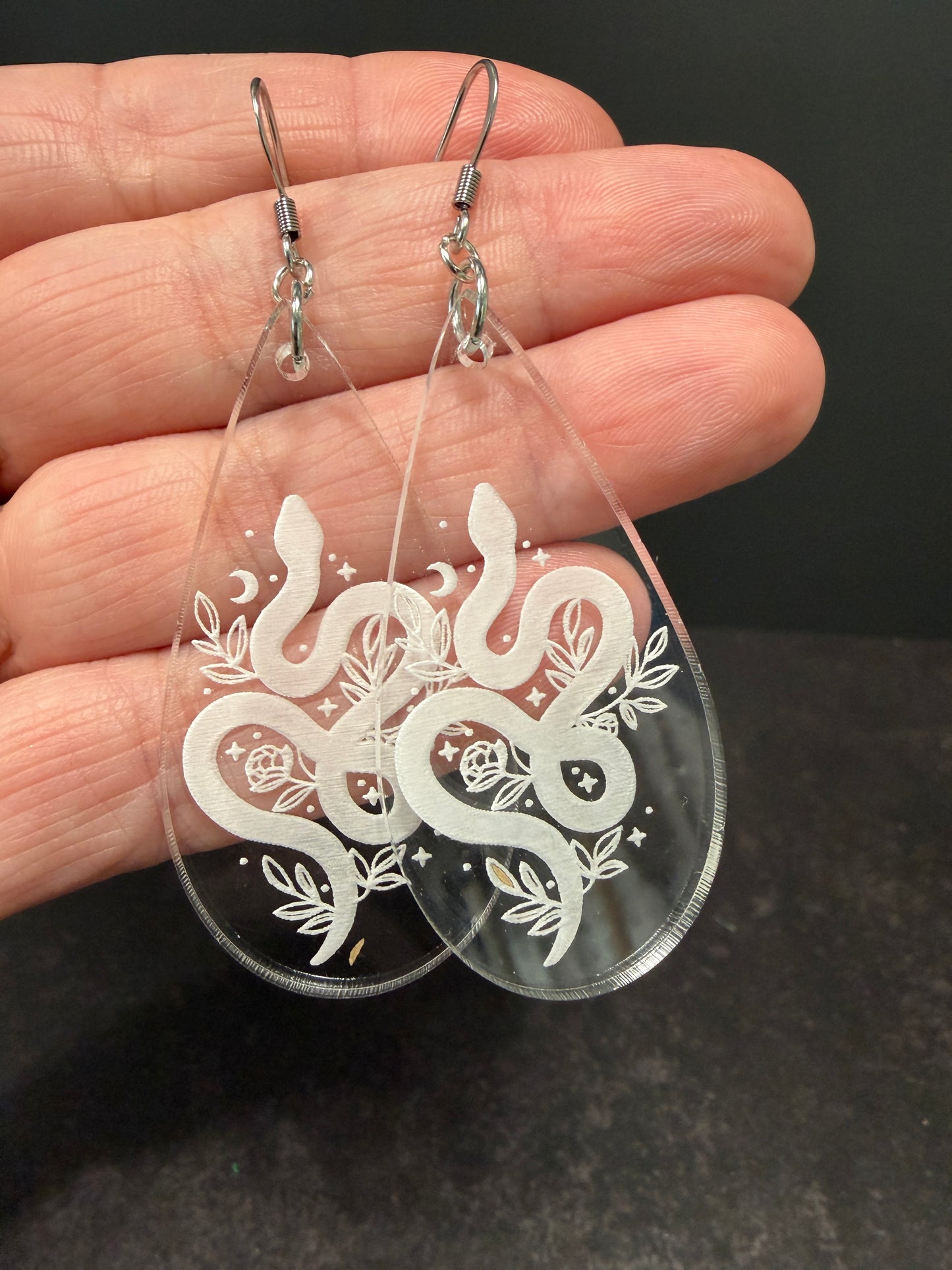 Celestial Snake Clear Acrylic Teardrop Earrings | Mystical Moon and Floral Engraved Dangles