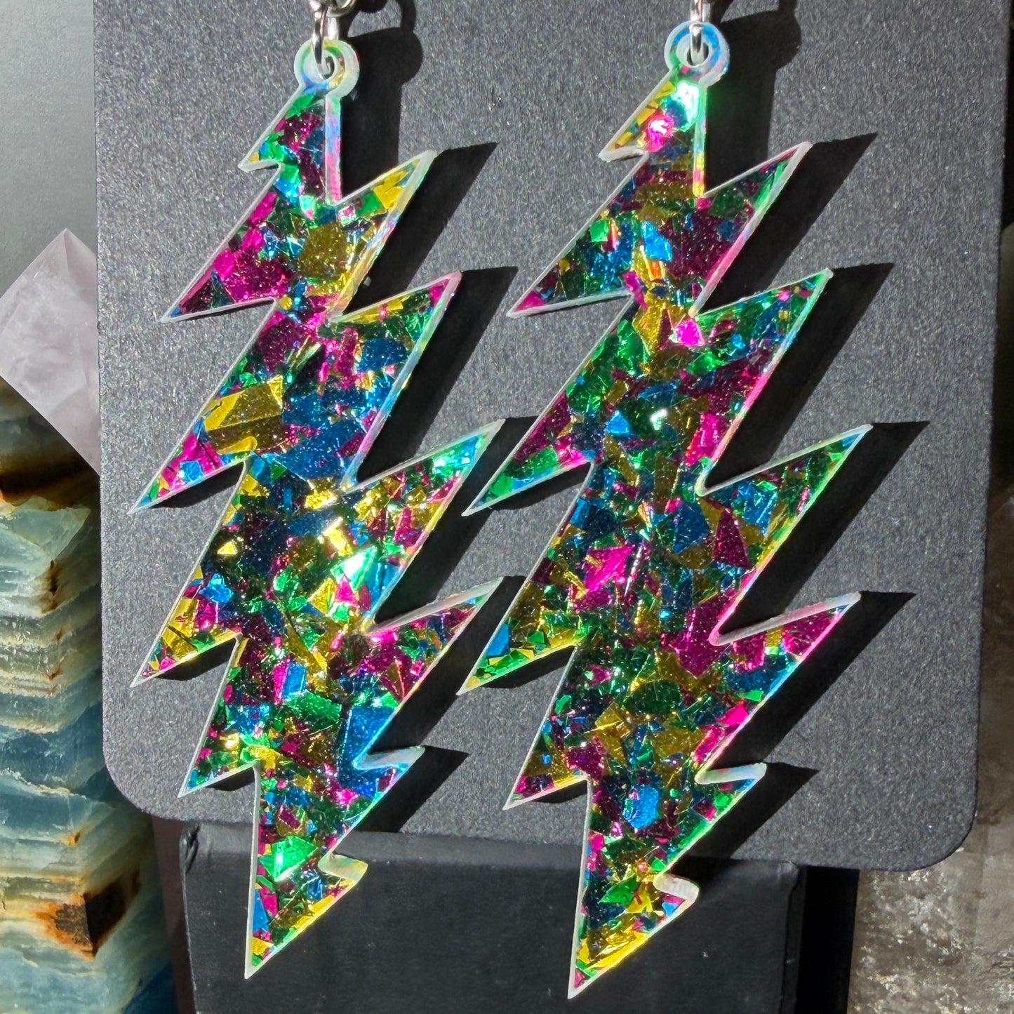 Ramble on Rose Glitter | Grateful Dead 13-Bolt Earrings | yellow pink blue sparkle