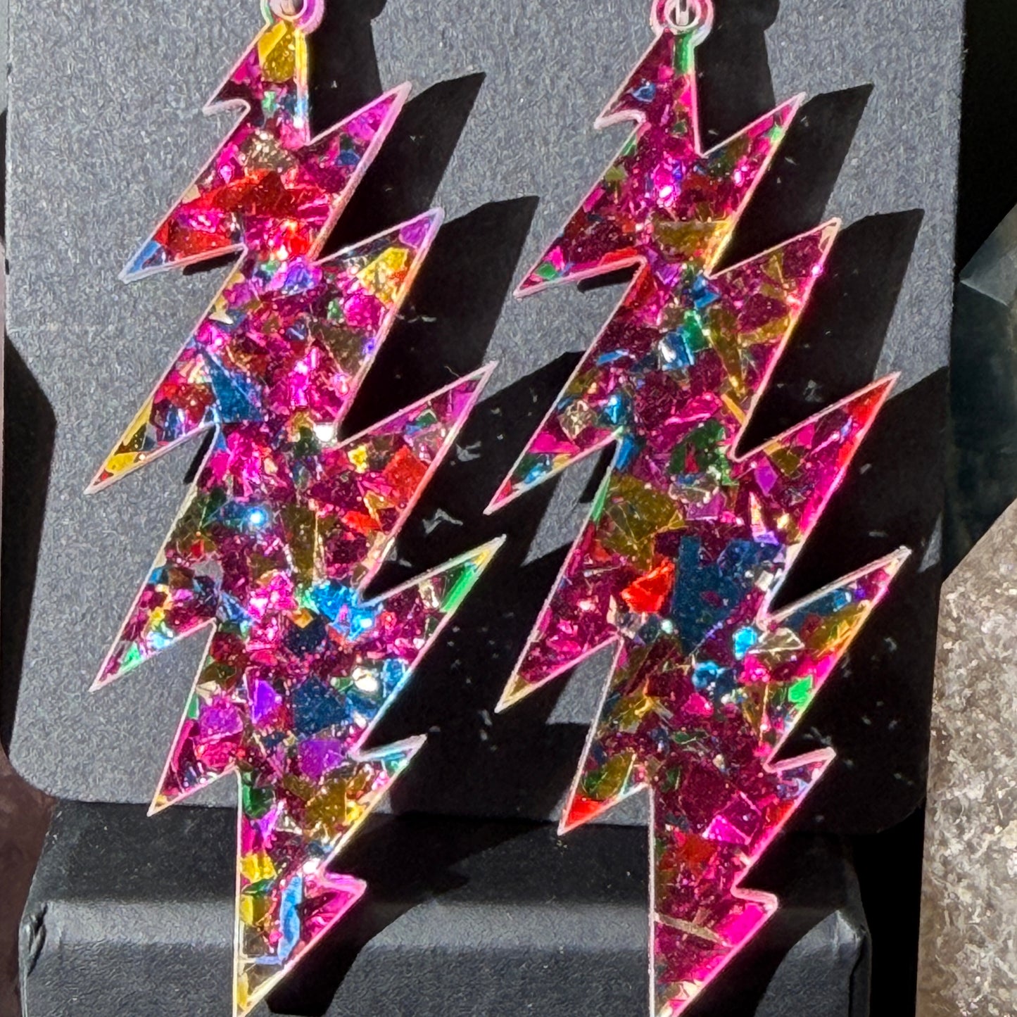 Sugar Magnolia Glitter | Grateful Dead 13-Bolt Earrings | pink yellow blue sparkle