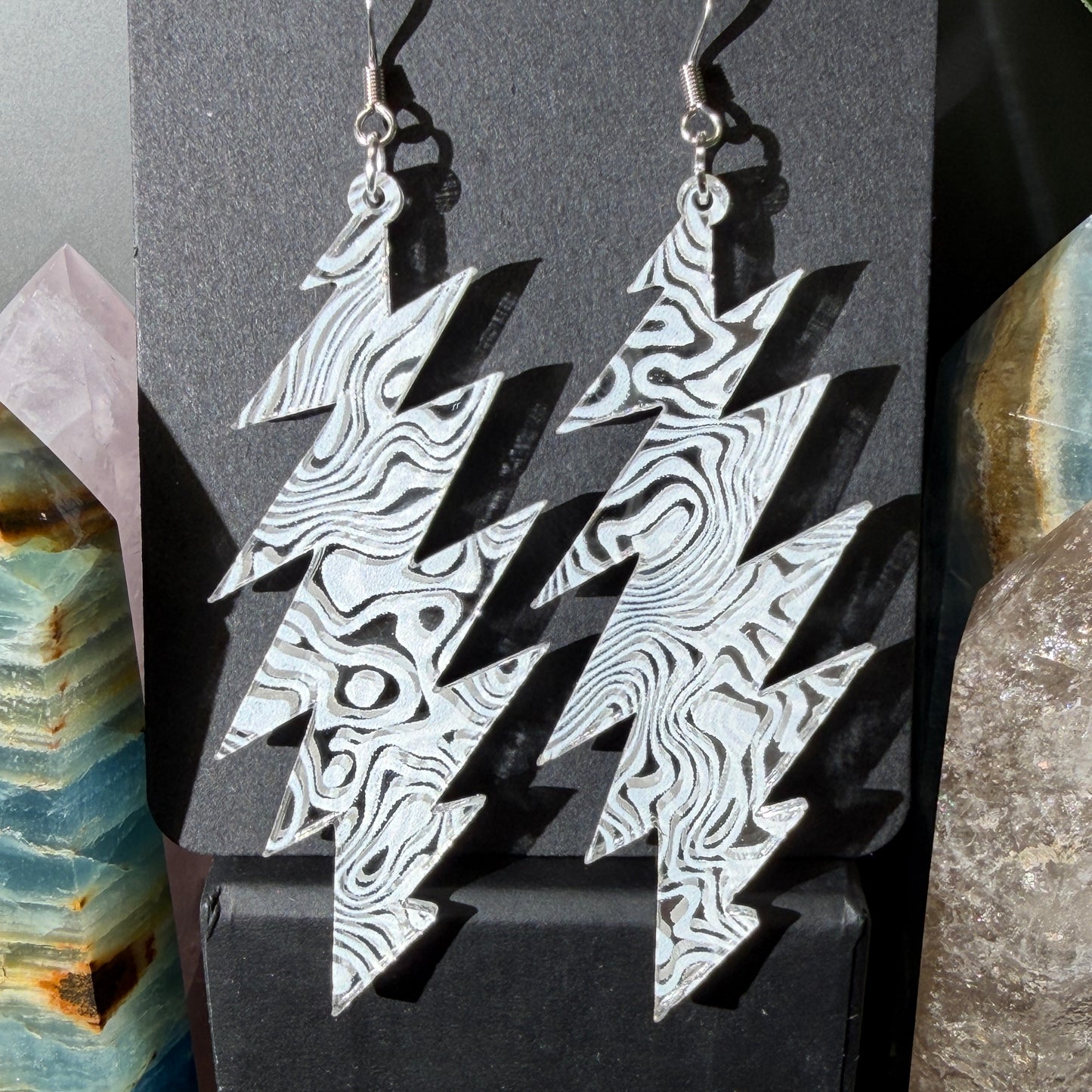 Lazy Lightning Swirl | Grateful Dead 13-Bolt Earrings | swirl pattern silver mirror