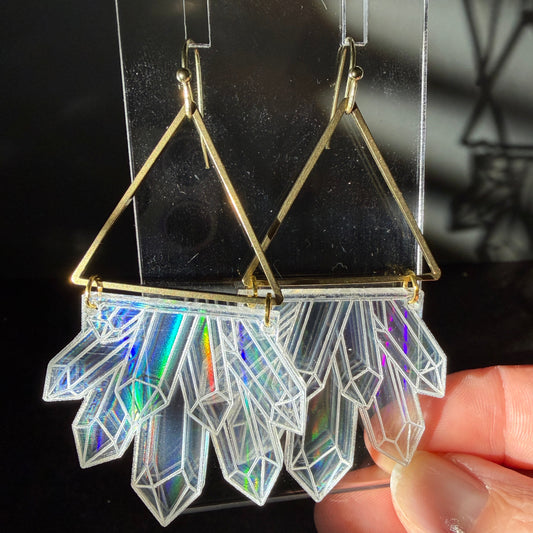 Holographic Crystal & Brass Triangle Earrings