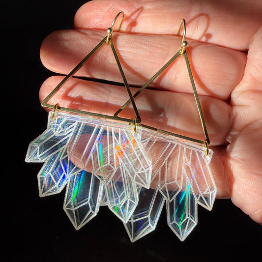 Holographic Crystal & Brass Triangle Earrings