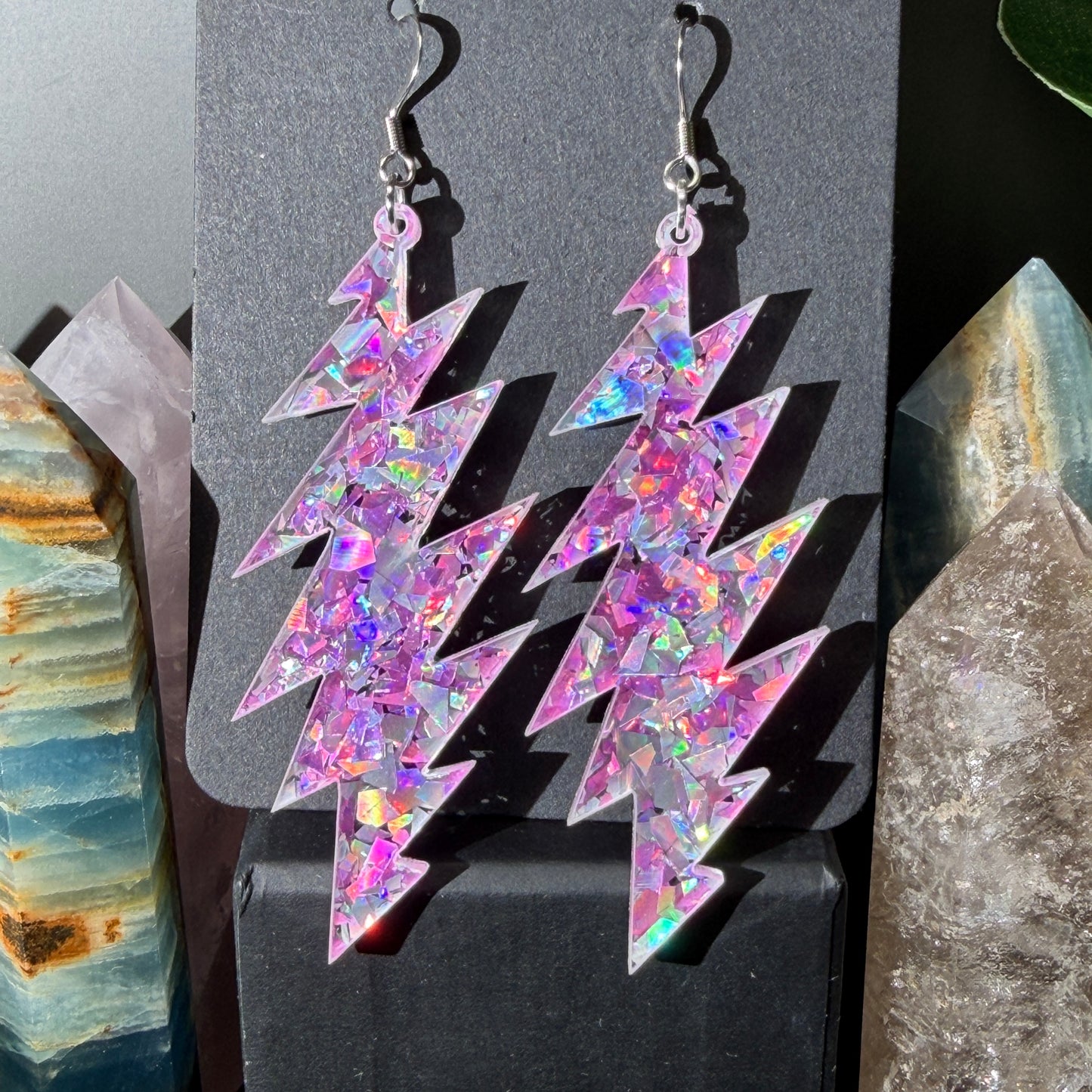 Franklin's Tower Glitter | Grateful Dead 13-Bolt Earrings | pink silver holographic sparkle