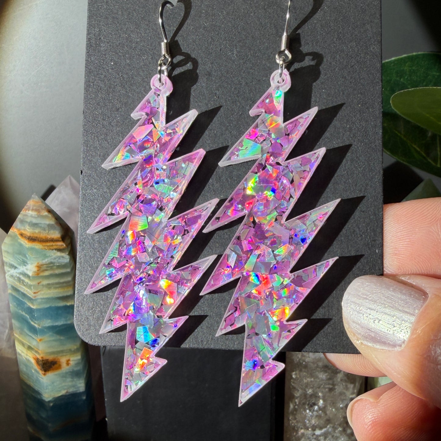 Franklin's Tower Glitter | Grateful Dead 13-Bolt Earrings | pink silver holographic sparkle
