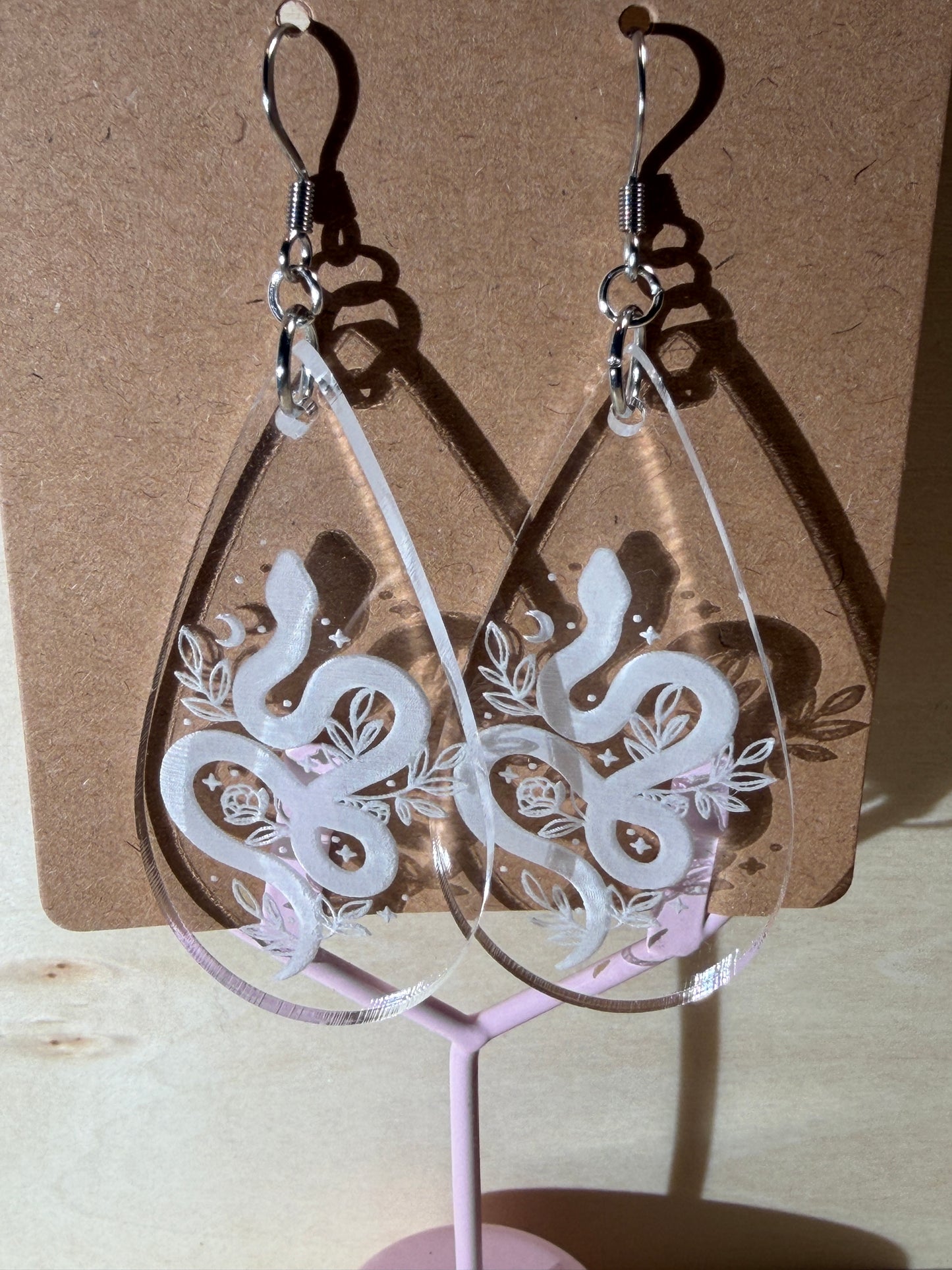 Celestial Snake Clear Acrylic Teardrop Earrings | Mystical Moon and Floral Engraved Dangles