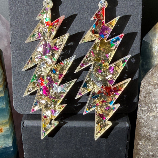 Heart of Gold Glitter | Grateful Dead 13-Bolt Earrings | gold pink blue silver sparkle