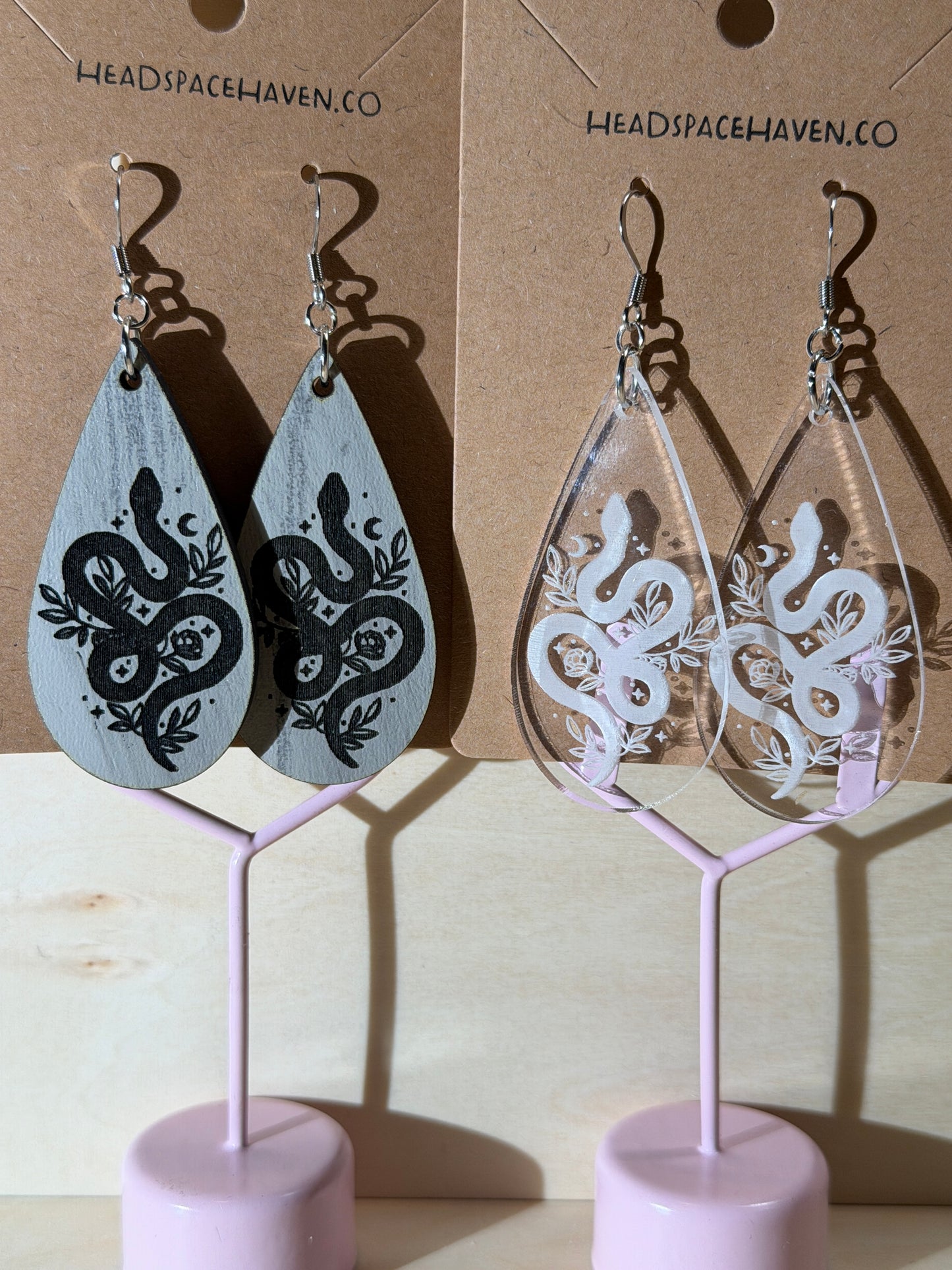Celestial Snake Clear Acrylic Teardrop Earrings | Mystical Moon and Floral Engraved Dangles