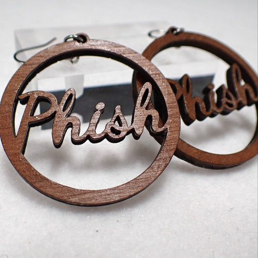 Wooden hoop earrings with 'Phish' text on a white background