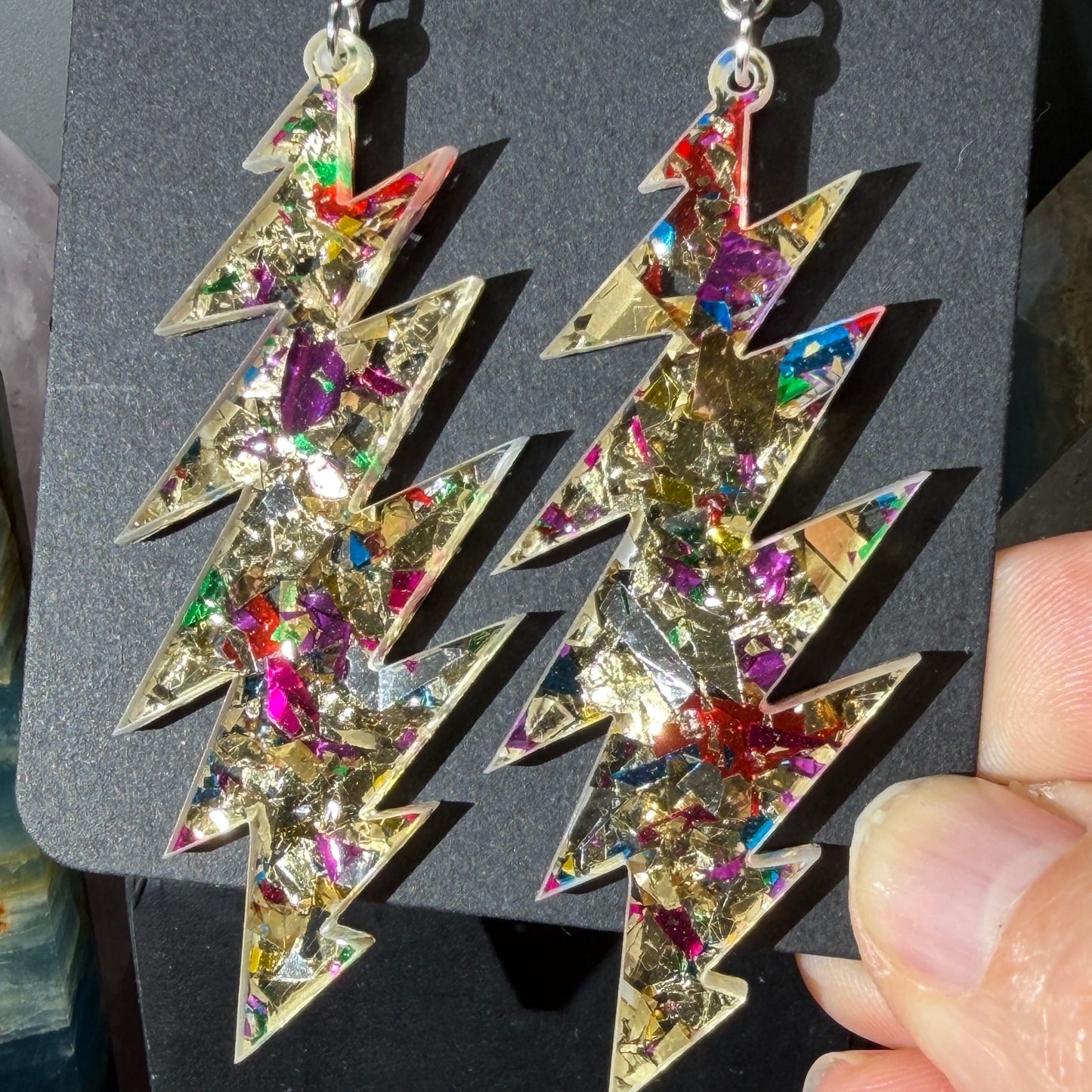 Heart of Gold Glitter | Grateful Dead 13-Bolt Earrings | gold pink blue silver sparkle