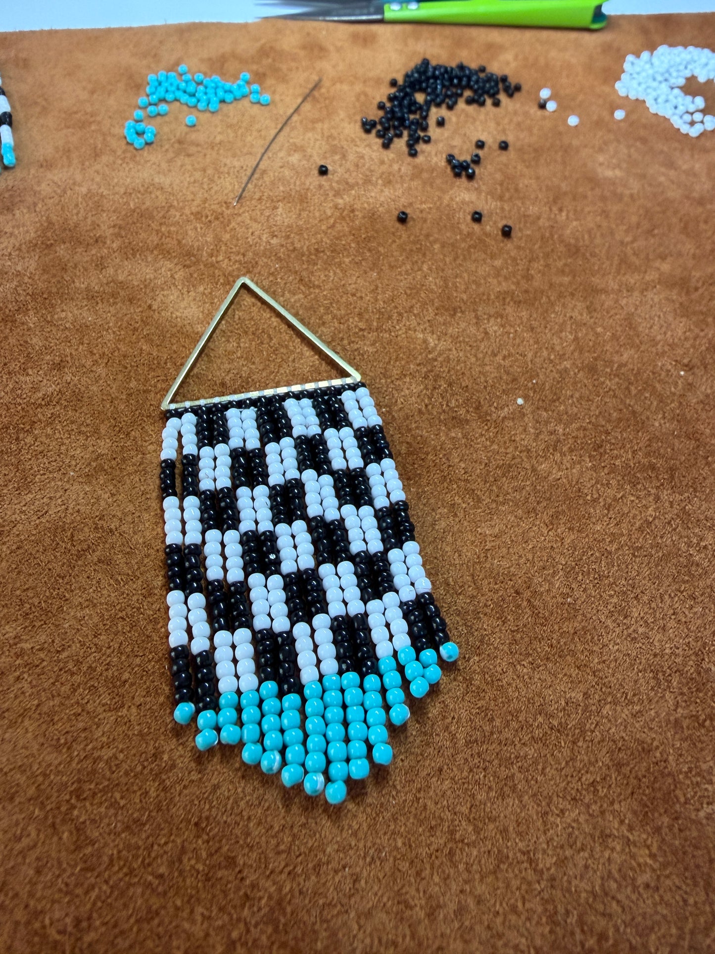 Black and white check bead fringe earrings