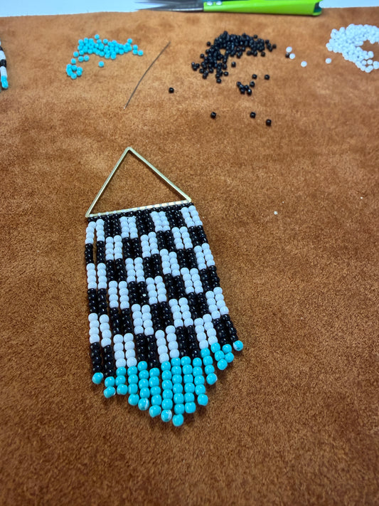 Black and white check bead fringe earrings
