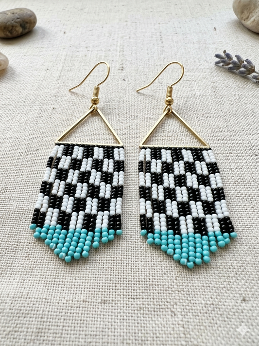 Black and white check bead fringe earrings