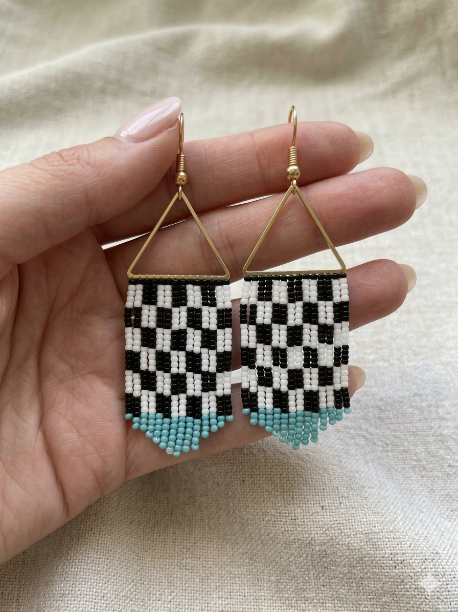 Black and white check bead fringe earrings
