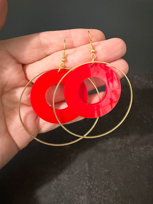 Phish Earrings - Large Red Donut in Gold Circle