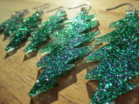 Grateful Dead Earrings - 13-Point Bolt - Green Glitter